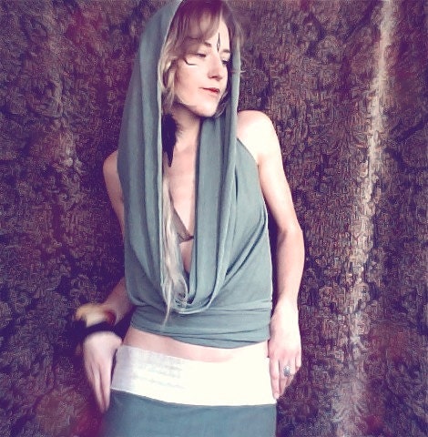gypsy tudung. hooded cowl tunic. organic bamboo hemp blend. hand dyed color- kale. 'made to order'