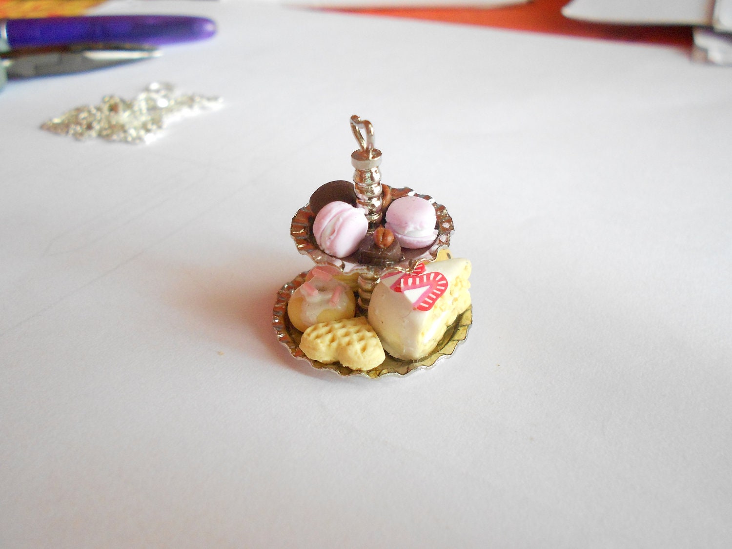 Dollhouse miniature cake stand necklace - handmade polymer clay food jewelry