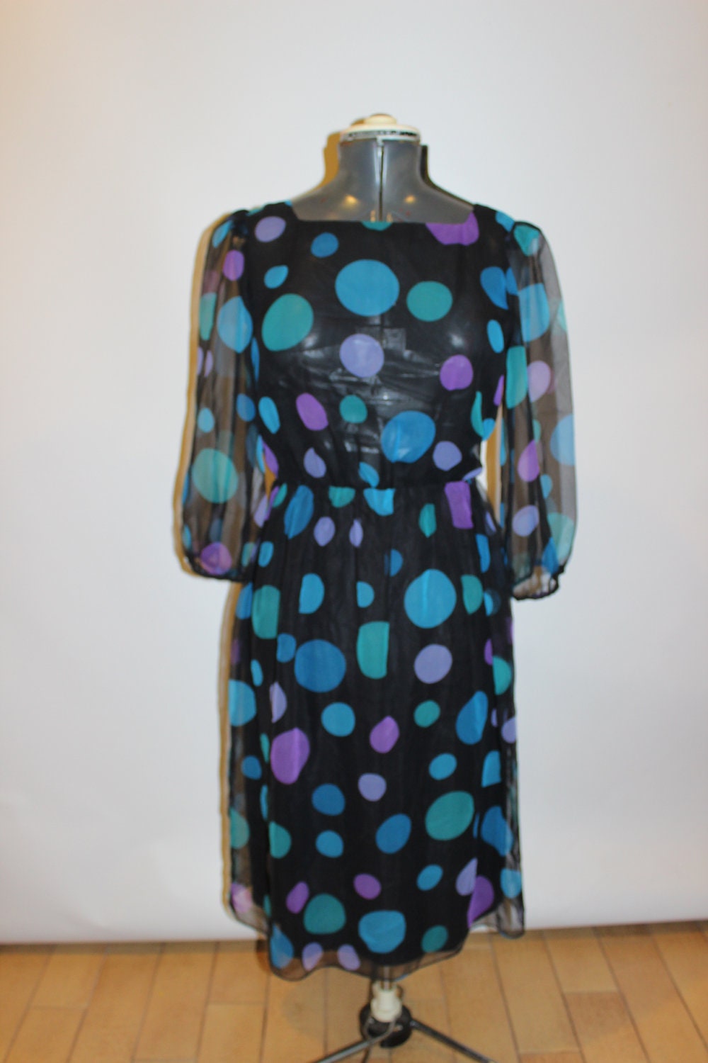 Vintage 60's B. Altman Co. Dress - Polka Dot Dress - Black Sheer Dress - Purple, Blue, Teal Dots