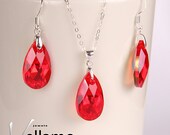 Bright red Swarovski jewelry set with earrings and necklace, sterling silver, Christmas red, tear drop Swarovski