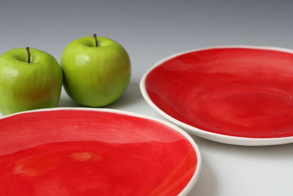 2 piece Handmade Bright Red and White ceramic pottery plates, 9.75 inches wide - red and white satin plate set - Ready to ship