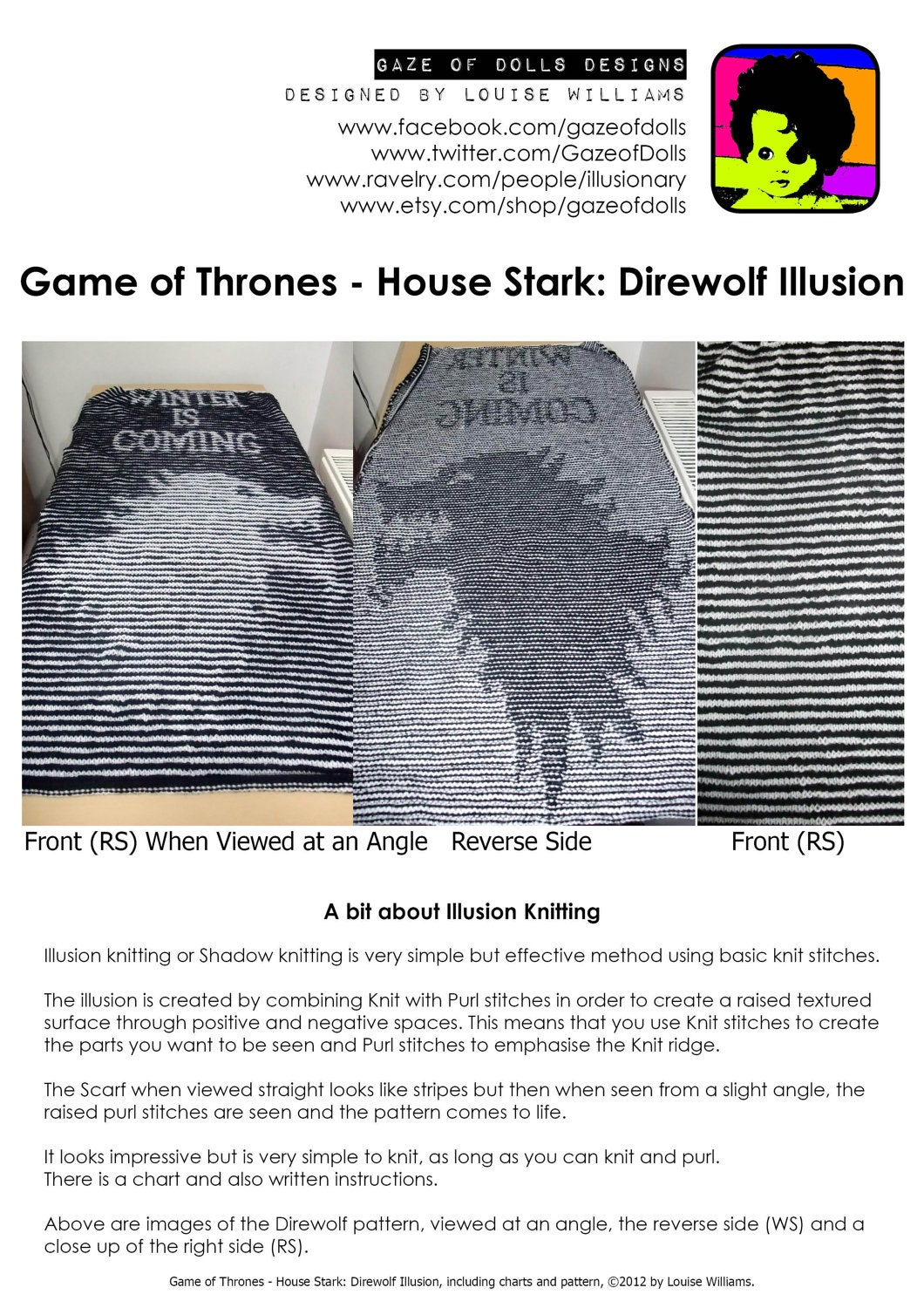 Game of Thrones  - House Stark: Direwolf Illusion Knitting PDF Pattern 'Winter is Coming' - Chart & Written Instructions