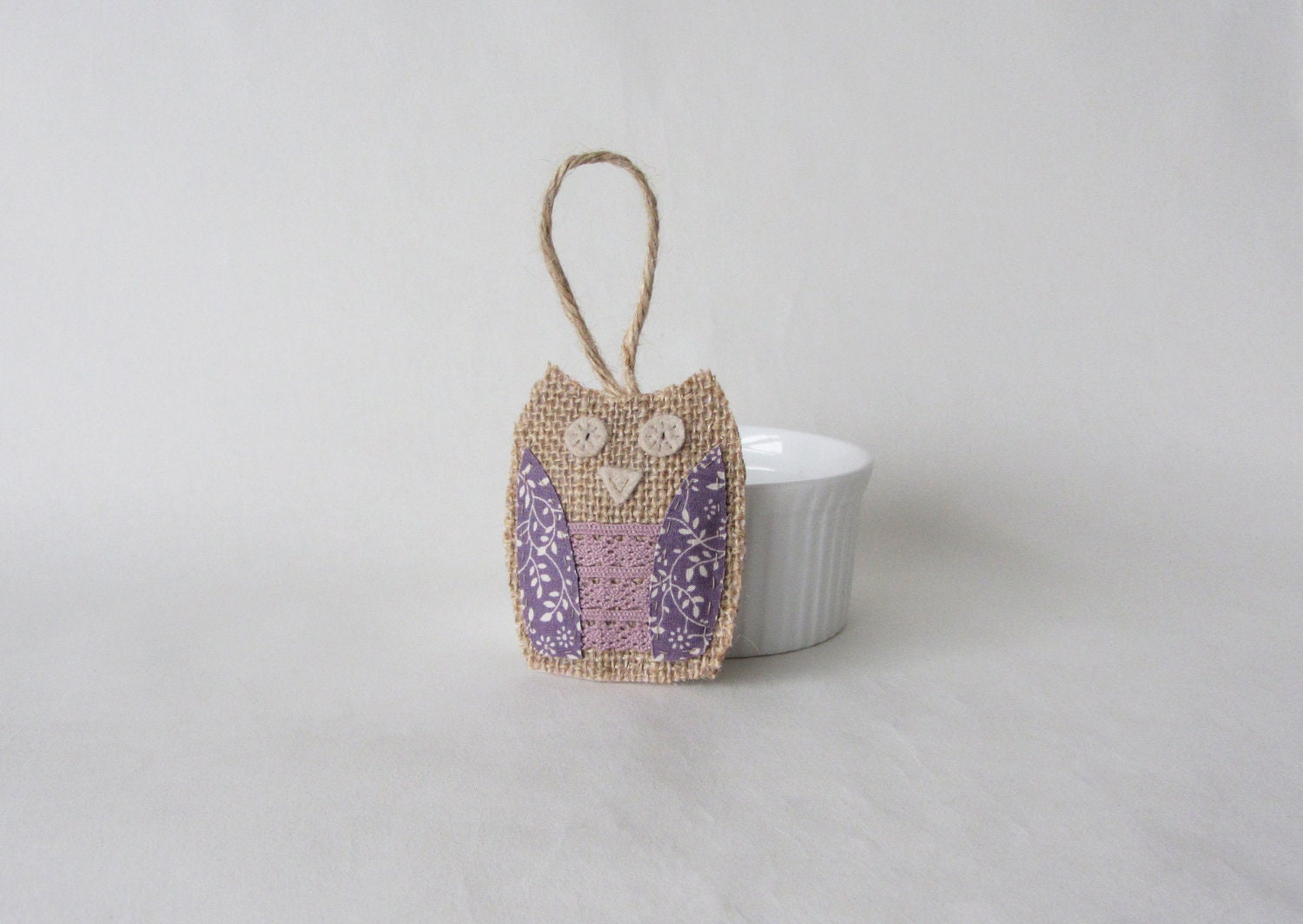 Burlap owl ornament with plum fabric and lace - for Christmas or country living home decor
