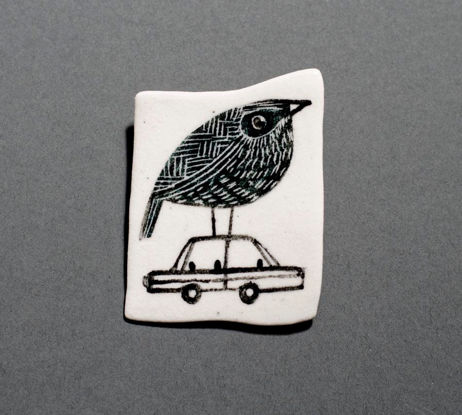 Bird on a Car Porcelain Brooch