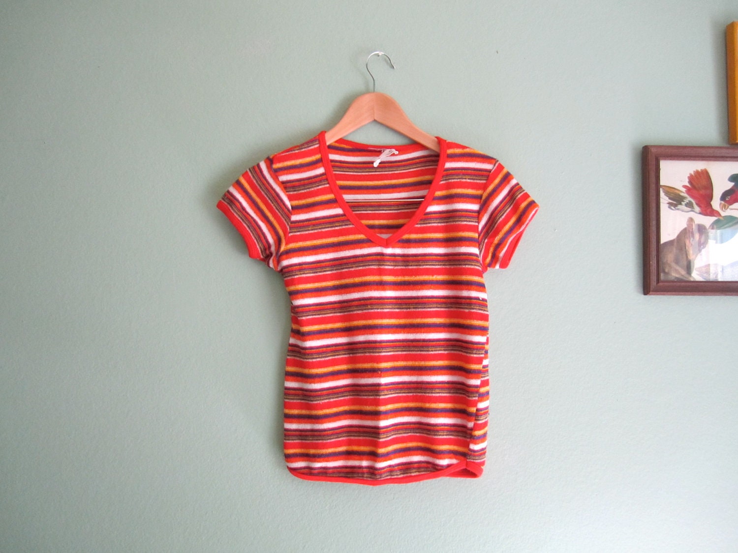 1970s shirt/ 70s striped  terry cloth blouse/ vintage  v neck striped shirt XS-S