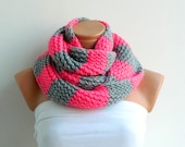 candy pink infinity scarf.Hand Knit Striped Gray and Pink Hand knitt infinity scarf Block Infinity Scarf. Loop Scarf, Circle Scarf,