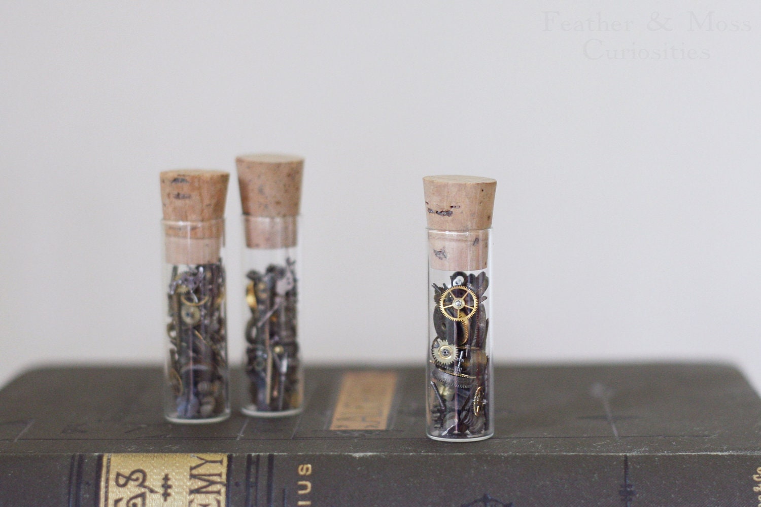 Vintage watch repair parts in a glass vial.  Steampunk. Assemblage. Altered Art.