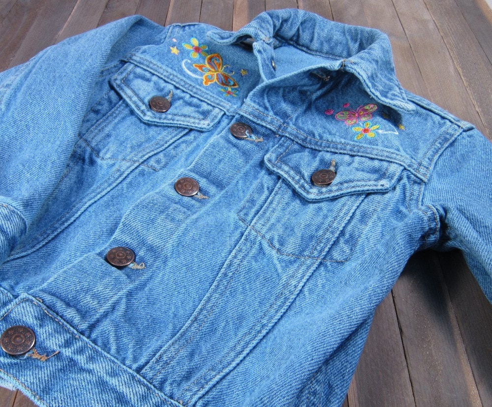 Bright butterflies / girls size S (3) / embroidered denim jacket / jean jacket / OOAK / free shipping