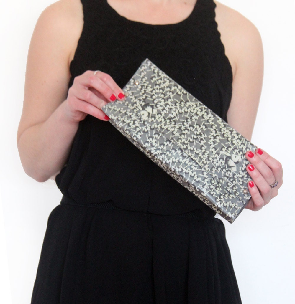 ON SALE: Grey Leather Clutch - Printed Leather Bag - Grey Leather Purse