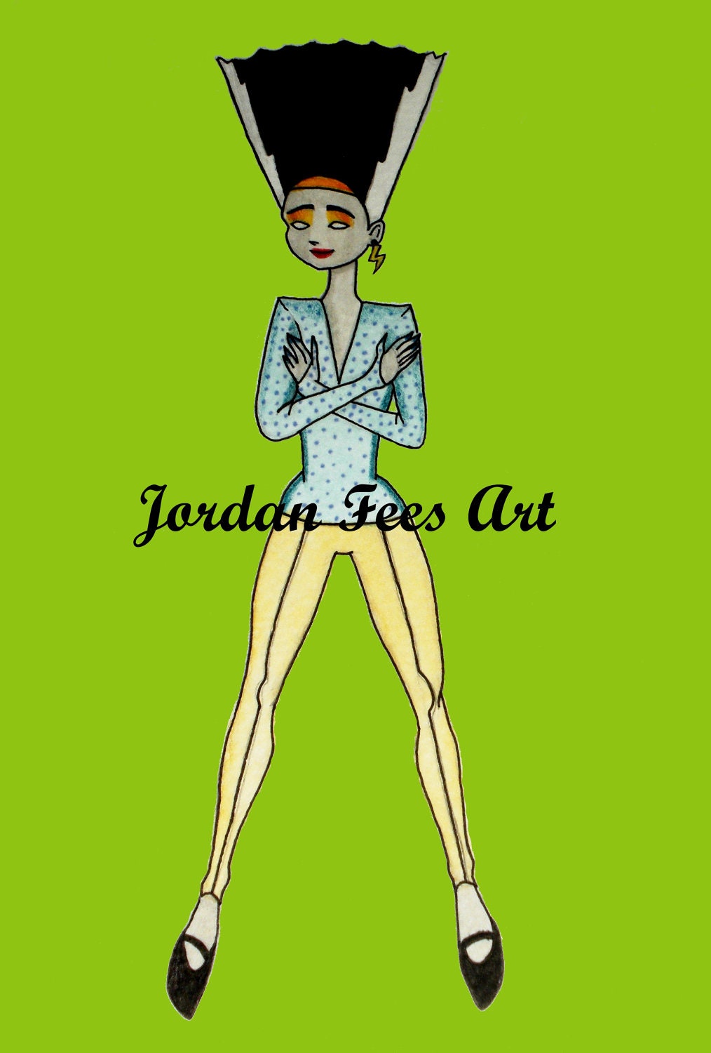 Halloween 8x10 Art Print/Illustration- "The Ghoul Girls"- Fashion-Forward Frankenstein with glitter accents