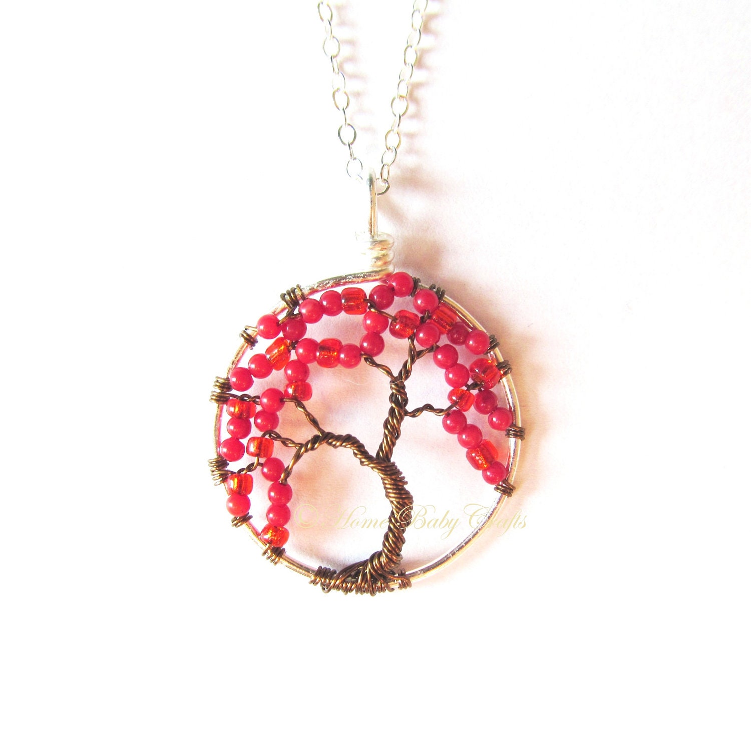 The Red Cherry-Sakura, Miniature Tree of Life Necklace in Coral Red, Weeping Wire Tree