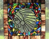 Stained glass window panel- Inspiring Thought Warrior Native American tribute-one of a kind unique special home decor or wedding gift