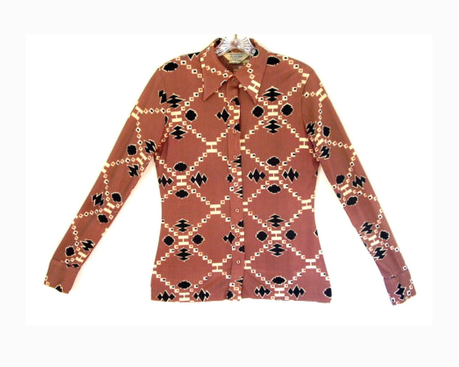 Vintage Blouse Aztec Print Nylon Button Down Shirt
