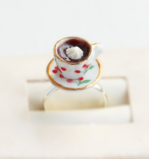Cherry Pattern Coffee Cup Food Ring - Miniature Food Jewelry