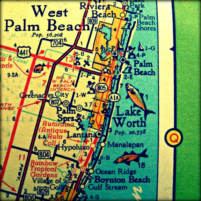 Florida vintage map color photograph 12x12 west PALM BEACH square print Beach house gift Lake Worth art aqua red yellow retro picture