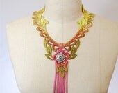Hand painted ombre leather lace boho statement necklace / fringed leather Hawaiian country flower