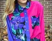 Vintage 80s Purple Blue Pink Color Block Button Up Blouse