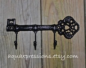 Cast Iron /Black Key Hook /Wall Hanger/ White Skeleton Key Rack/ Fun Elegant Wall Decor/ Cottage Shabby Chic / Painted Distressed Metal Hold