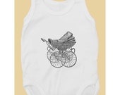 Wendy (100% White cotton baby bodysuit with vintage baby carriage print)