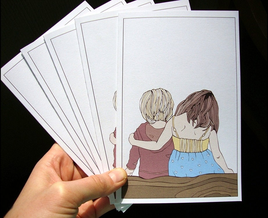 Set of 5 Cards - Illustration - Boy & Girl on Log - By Lucita Peek