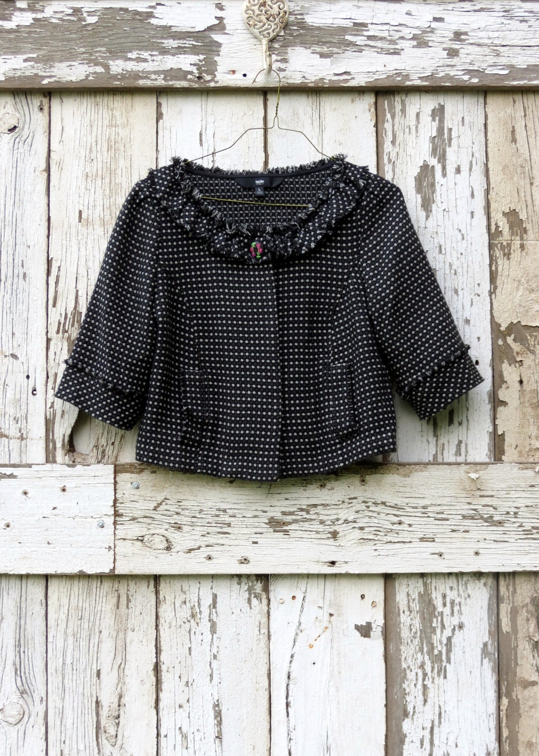 Black Beauty with Blossoms Cropped Jacket/upcycled romantic cropped coat/ eco friendly jacket