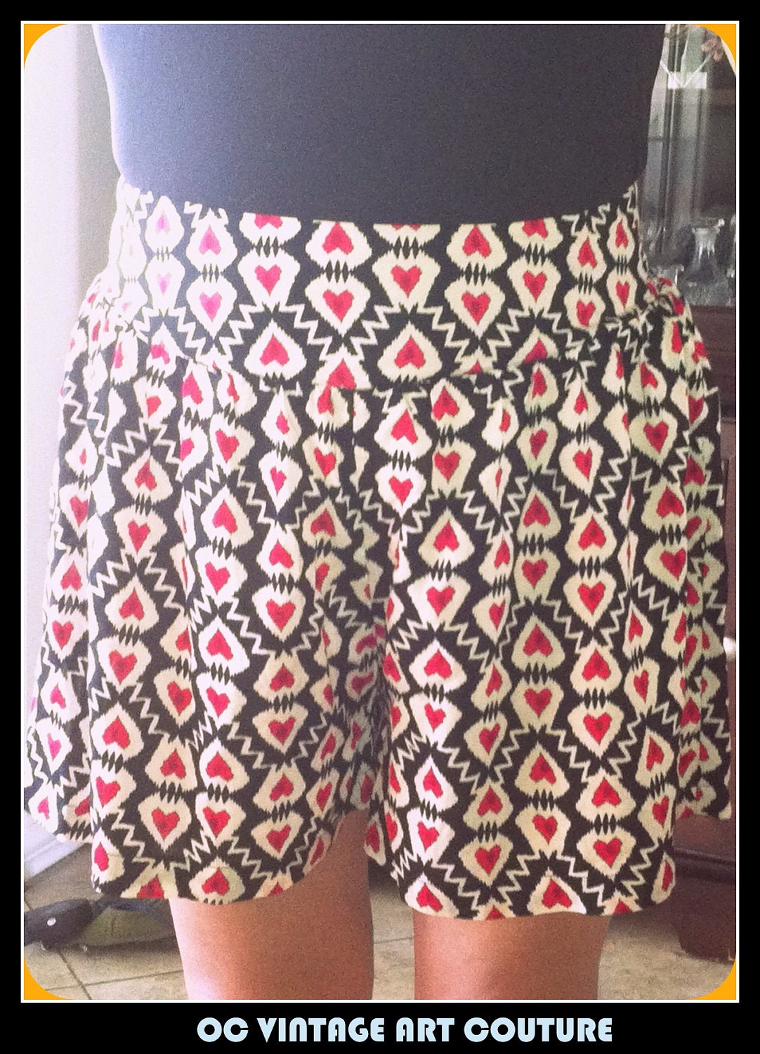 HEART High Waisted Shorts Love Candy 80S Vintage 80s shorts Hearts Red Black Beige Tribal Pattern 80s 1980s Eighties Soft Cotton 28"