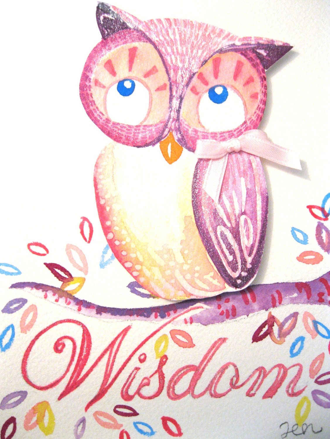 Original 3-D Pink Owl, water color name painting, 5X7