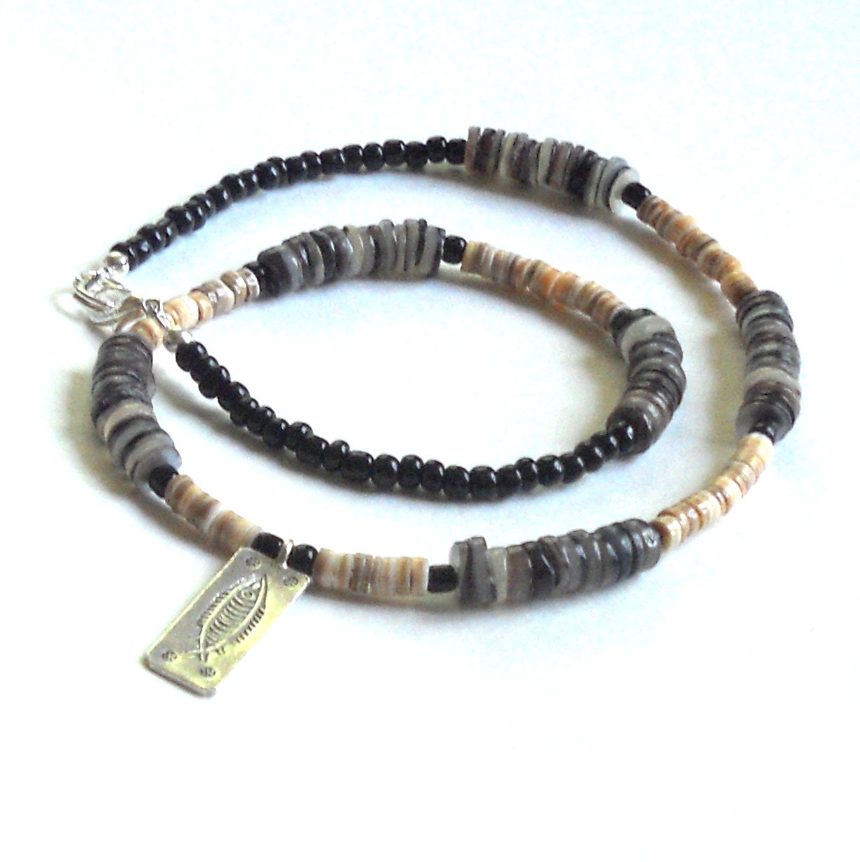Shell Silver Fish Pendant Beaded Necklace Black Tan Heishi Beads Unisex Beach Hill Tribe Summer  Fashion Jewelry Rectangle Free Shipping
