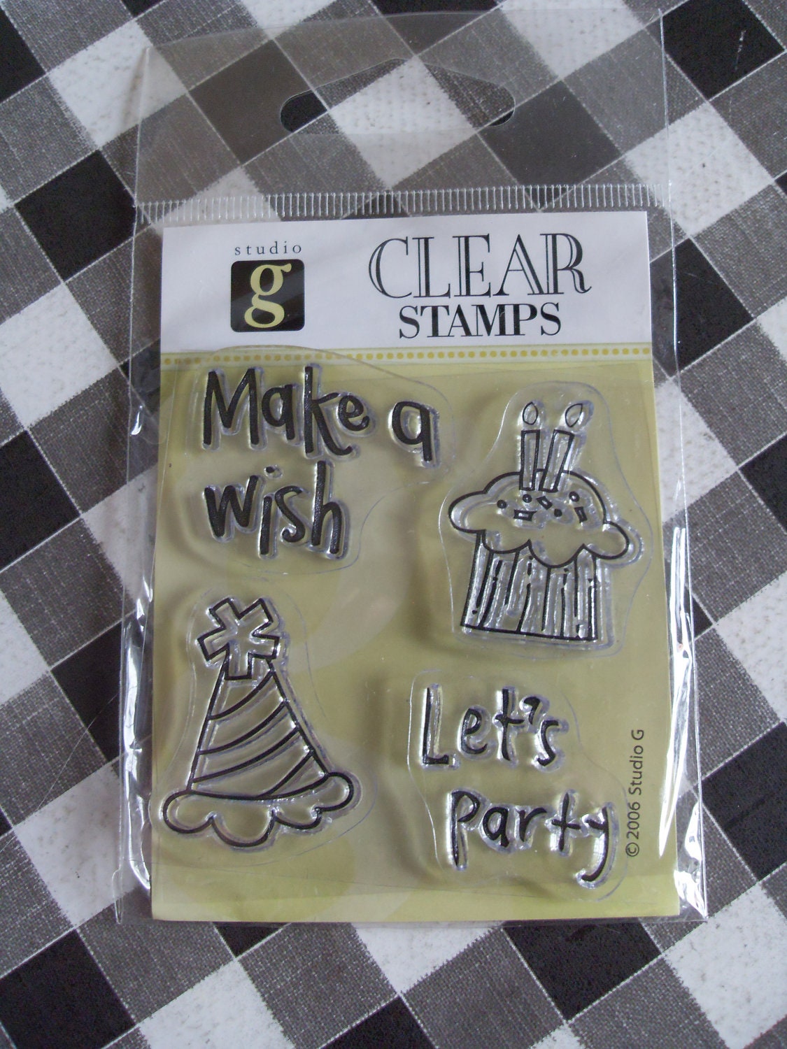 Set of four (4) clear stamps.  Birthday / party theme.  Rubber stamping for cardmaking / scrapbooking.