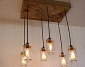 Mason Jar Chandelier - Mason Jar lighting - Upcycled Wood with vintage Edison light bulbs