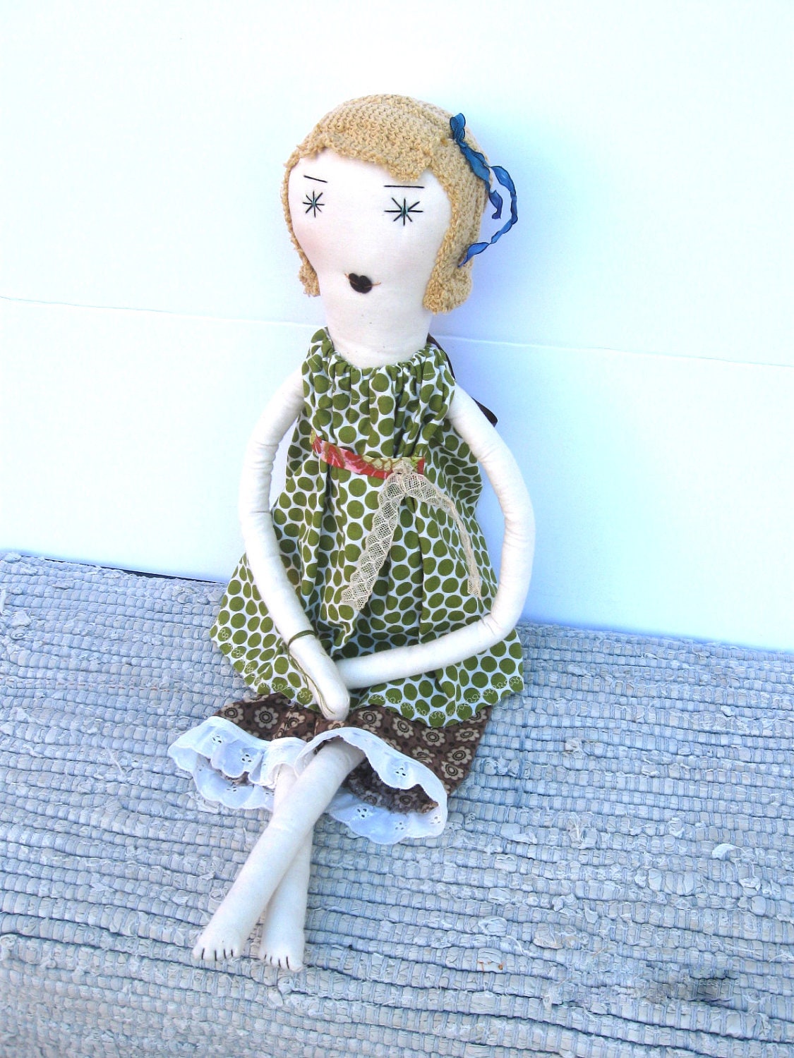 Cora: Handmade Soft Cloth Rag Doll - OOAK- Recycled and Vintage Textiles - Blonde Hair Blue Eyes - Green Apple Polka Dots