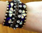 Azazel - 2" wide hand-woven, friendship bracelet embellished with aurora borealis and zircon crystals, gunmetal chain embellishment