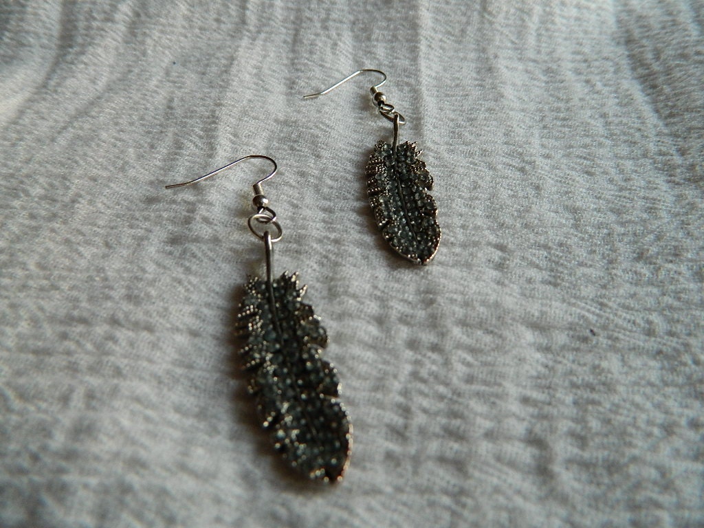 Silver Feather Drop Earrings with Light Blue Crystals