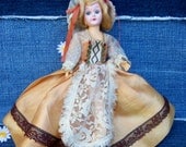Orange Peasant Milkmaid Doll, Closing Blinking Eyes, Tangerine Satin and Lace Dress, Moveable Arms and Head, Composite Molded Plastic, 1950s