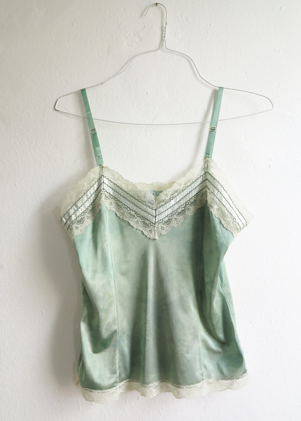 vintage green lace slip blouse// revived and dyed// small medium