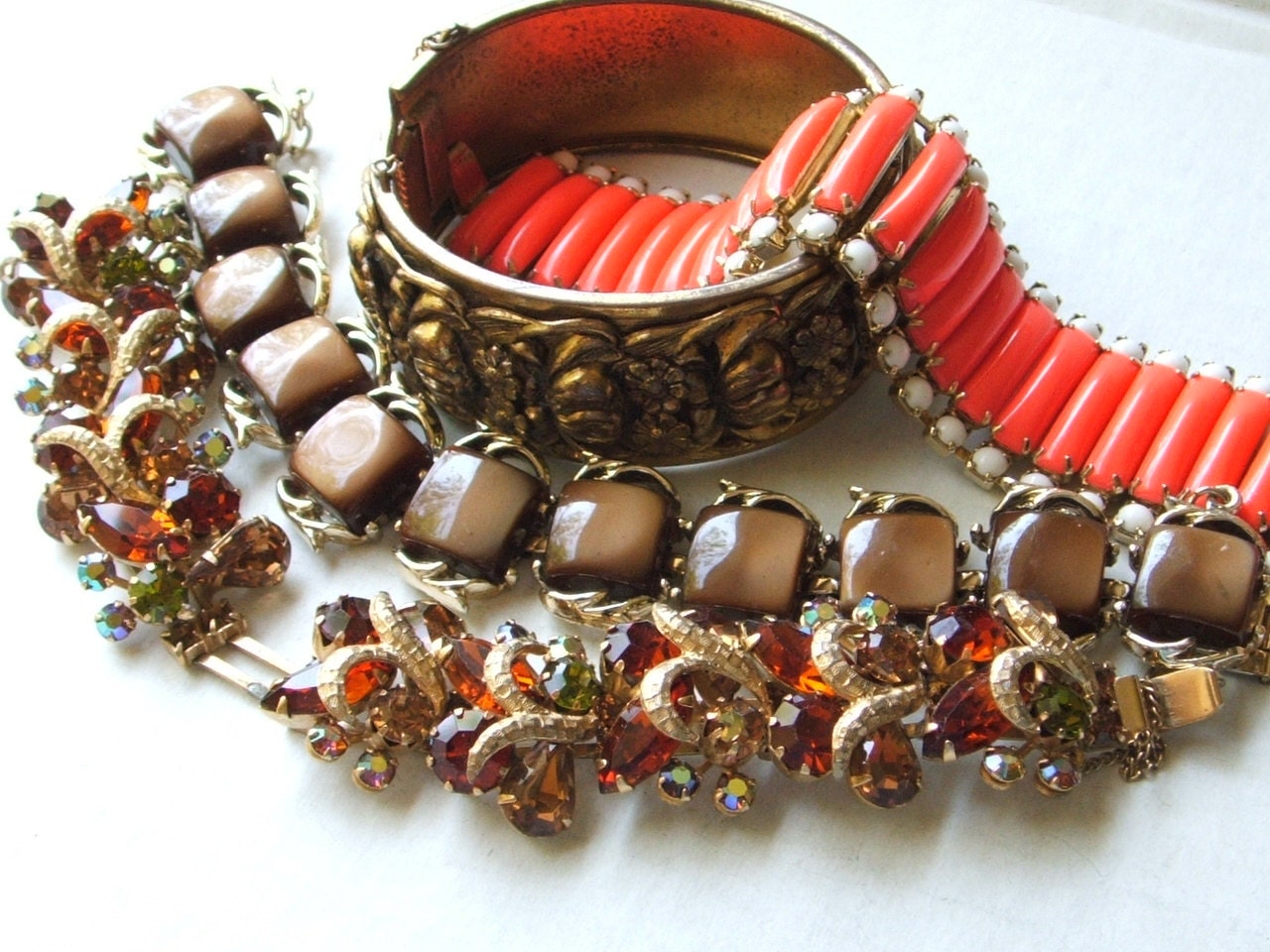 Vintage Bracelets Destash for Parts & Weiss Rhinestones Orange, Brown, Yellow