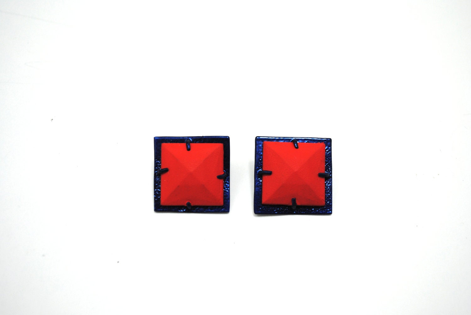navy and red orange gem stud earrings