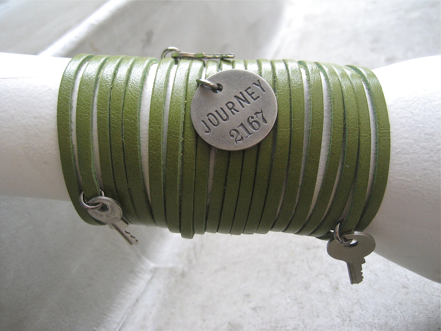 Leather Bracelet - Cuff - Charm Bracelet - Green Bracelet - Sliced Bracelet - Key Charms - Journey - Boho Bracelet - Piece Lust