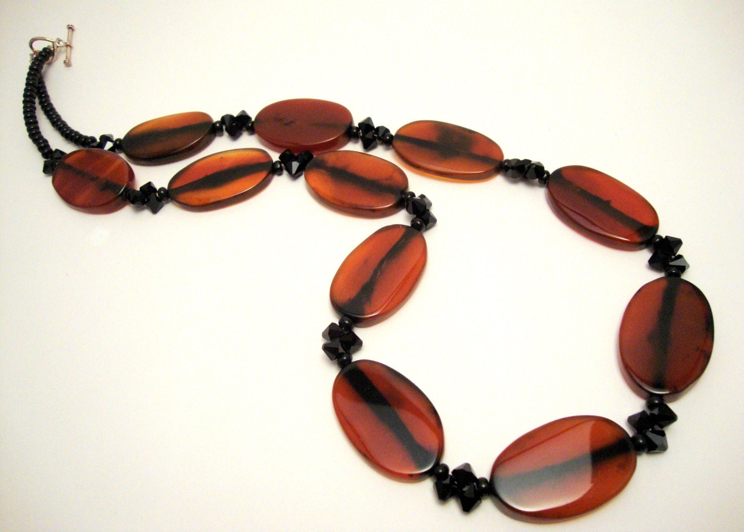 Carnelian Gemstone Necklace, Black Swarovski Crystals, Orange and Black Beaded Necklace
