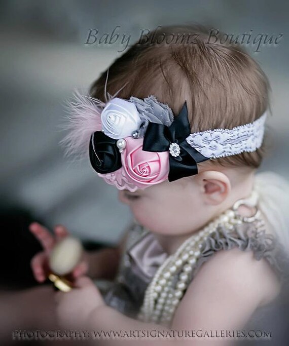 Baby Headband, Girl Headband, Pink satin Headband, Shabby Flower headband, Feather headband, Baby girl headband, Fancy headband