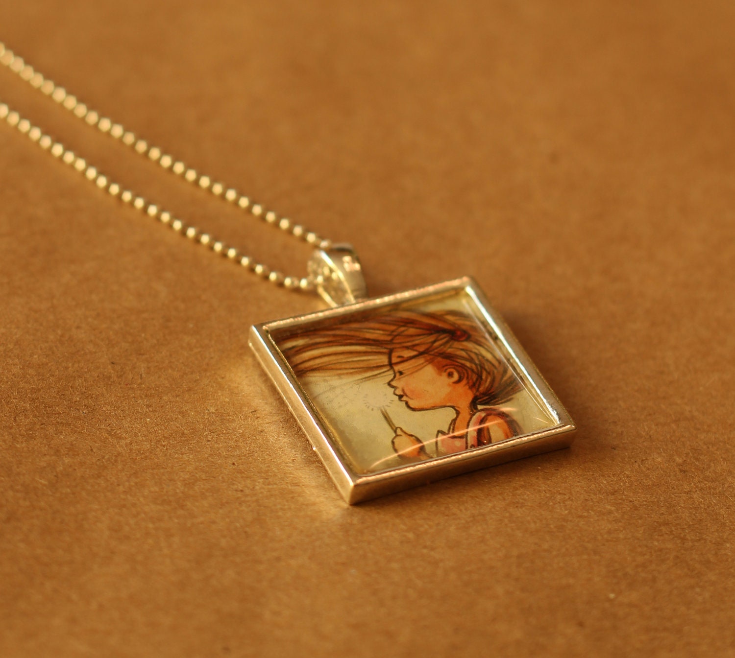 Necklace - Girl blowing a dandelion: Make a wish - Sliver plated charm and chain