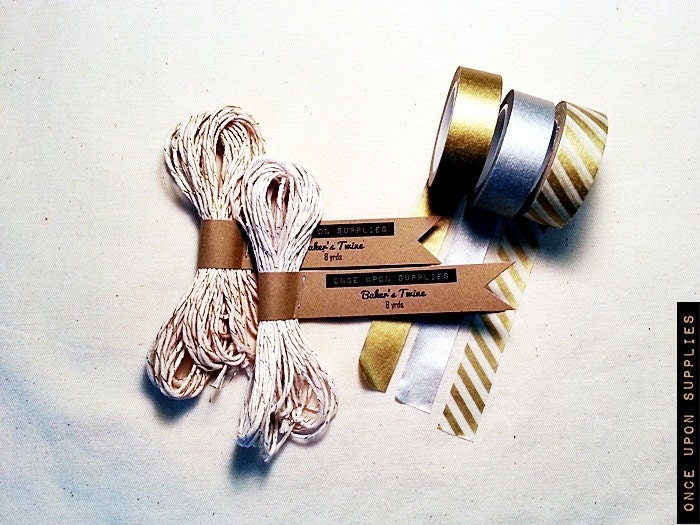 Metallic Shimmer Washi Tape and Bakers Twine Set / Gold Silver Washi Tape / Gold Silver Bakers Twine / Glitter