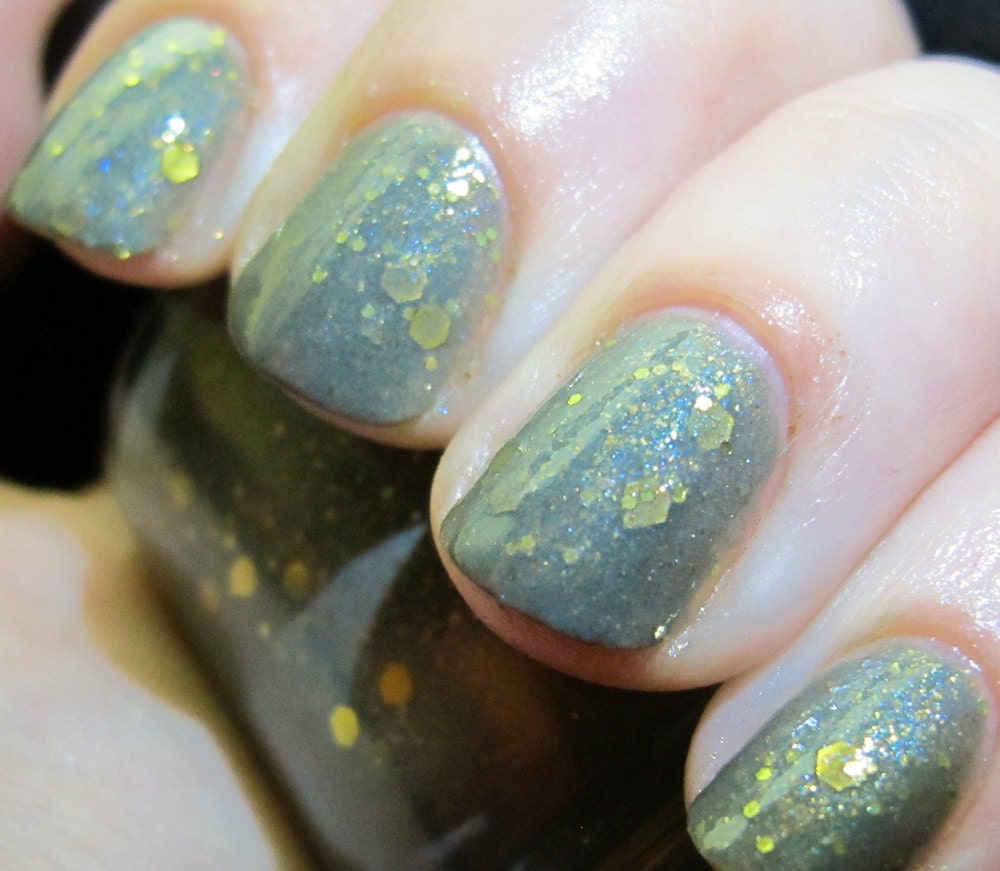 Misty Mountains Nail Polish - sage green with iridescent shimmer and gold glitter