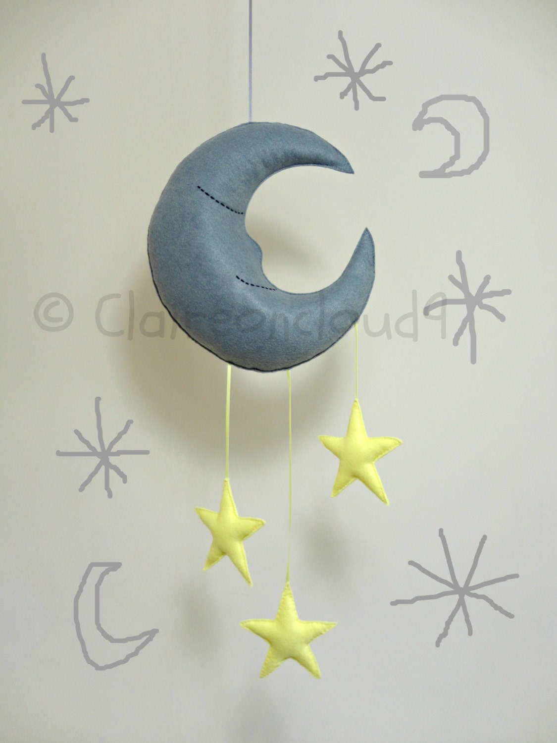 MR SLEEPY MOON and Stars Mobile - Grey Moon & Lemon Stars Mobile Baby Nursery Kids Bedroom Home Decoration