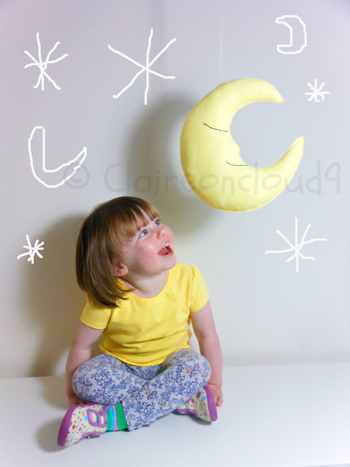 MR SLEEPY MOON Mobile - Pastel Lemon Yellow Hanging Mobile Baby Nursery Kids Bedroom Home Decoration