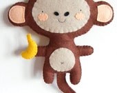 PDF pattern - Felt monkey with banana ornament. DIY hanging softie, baby room wall decoration, handmade plush toy for girl or boy