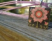 Colorful Big Pink Flower Wood Tile Pendant Necklace