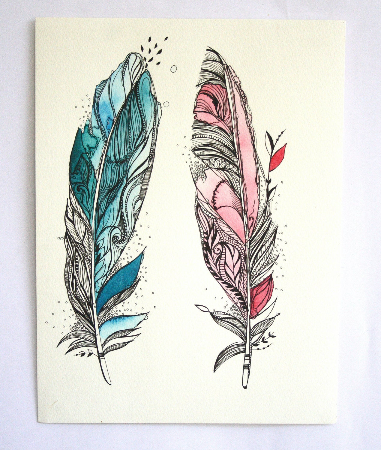 You and Me Feathers. 12"x9" Original Artwork. Ink and Water Colors