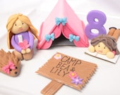 GLAMPING PARTY  pink Camping Set 1 qty tent,1 girl, name sign, camp fire, deer,(with the pink bow), raccoon, squirrel and a bluebird.