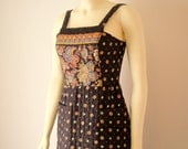 Vintage. 60's. Navy Maxi Dress. Colorful Bohemian Dress. Free People Style. Sleeveless. Quilted. Paisley. Pockets. Festival Hippie. Small X